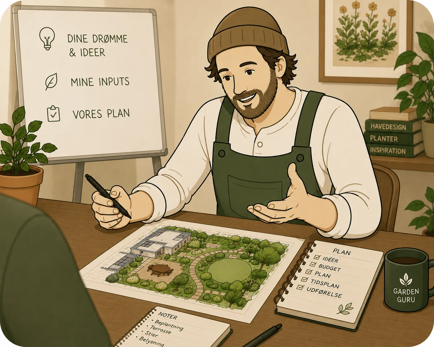 Garden consultation with a garden plan on a table