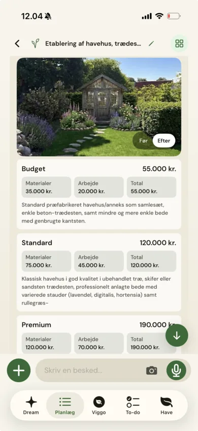 Budget overview in Viggo with budget, standard, and premium