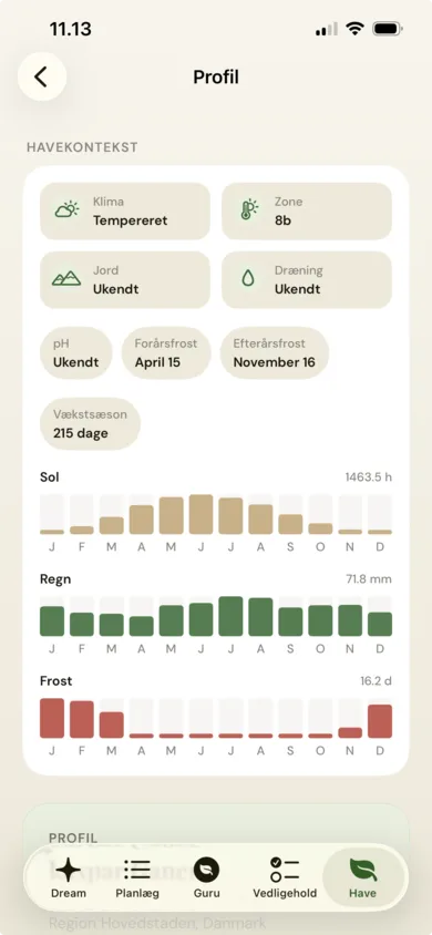 Viggo profile screen with location, climate, and preferences